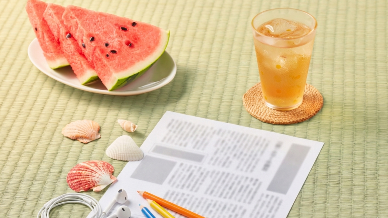 Weekly program materials — a printed reading text with earphones, seashells and summer props